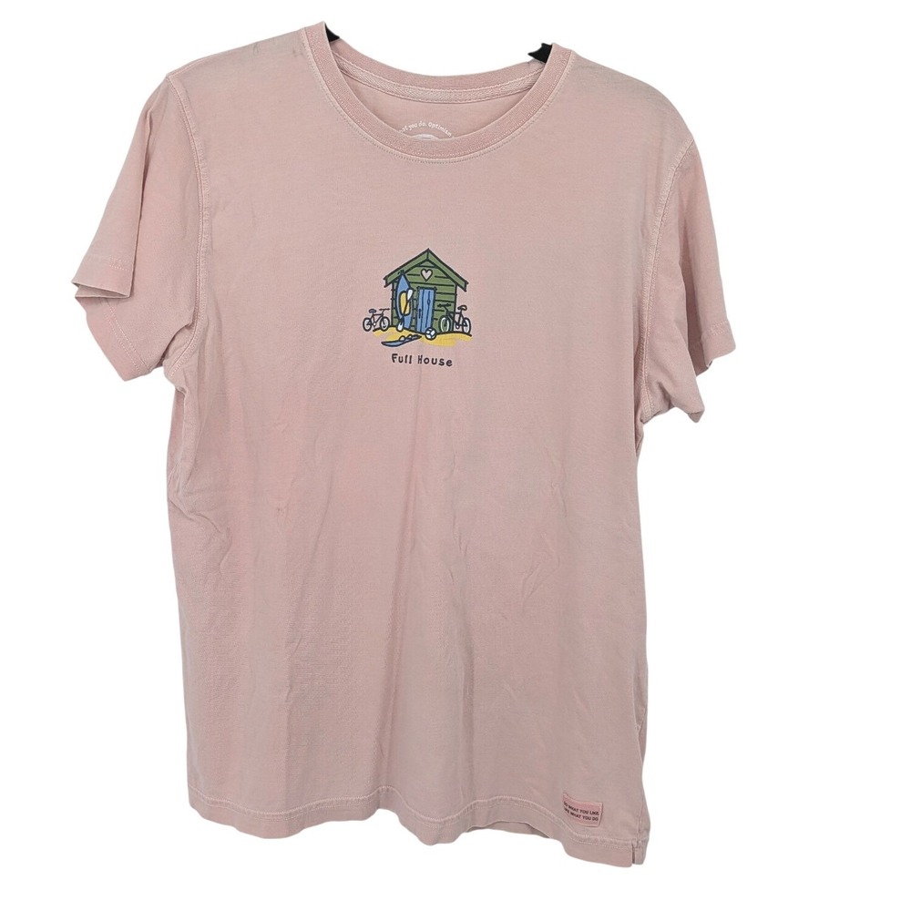 Life is Good T-Shirt Women Medium Pink Full House Beach Short Sleeve Tee Casual